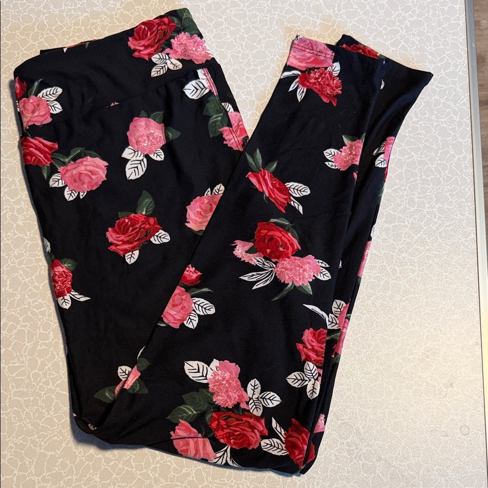 LuLaRoe Black Leggings with Red and Pink Floral Design